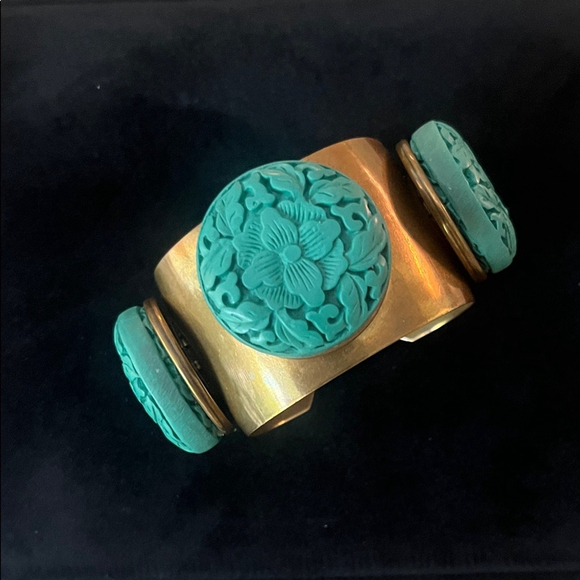 Vintage Jan Michaels Turquoise Coin Cuff Bracelet Bronze Patina Floral Retired